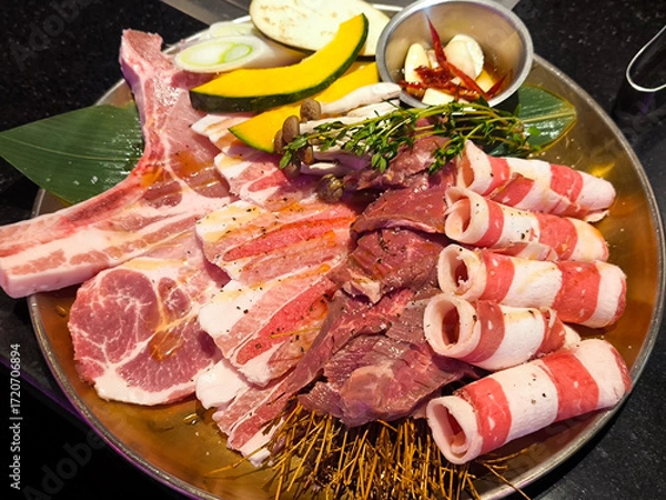 Fototapeta Assorted Raw Meats and Vegetables for Korean BBQ