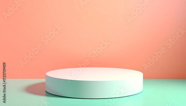 Fototapeta Abstract White Glossy Cylinder Podium with Peach to Mint Gradient