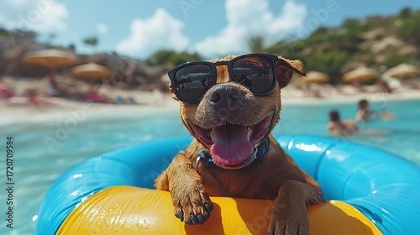 Fototapeta Happy dog in sunglasses on inflatable ring at beach