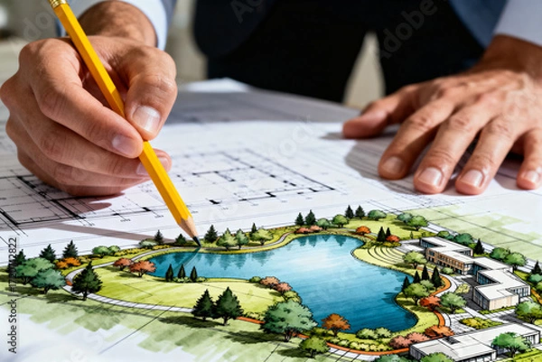 Fototapeta landscape designer reviewing blueprint with pencil, architectural and tree patterns visible, focused on creative planning and detailed design process.Generated by AI