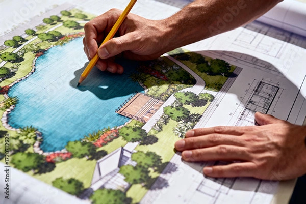 Fototapeta landscape designer reviewing blueprint with pencil, architectural and tree patterns visible, focused on creative planning and detailed design process.Generated by AI