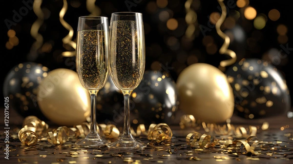 Fototapeta Two champagne glasses filled with sparkling wine are surrounded by gold and black balloons and confetti, creating festive celebration atmosphere