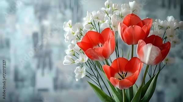 Obraz Vibrant Red & White Flower Bouquet Against Blurred Light Blue & White Background: Red Tulips with White Accents, White Blooms & Green Stems
