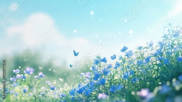 Obraz Serene Blue Flower Field with Butterflies