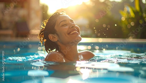 Fototapeta A joyful moment of a person enjoying a swim in an outdoor pool