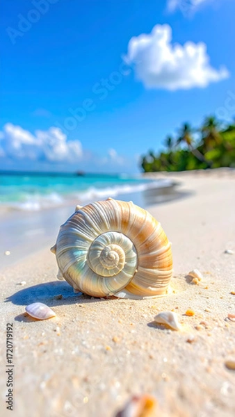 Fototapeta Large spiral shell on a serene tropical beach with palm trees and clear blue sky