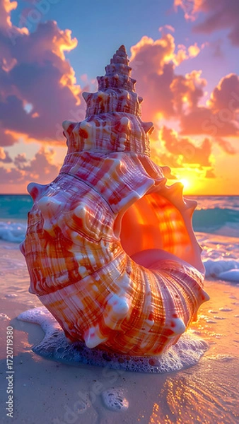 Fototapeta Vibrant Sunset View Through a Striped Seashell on a Sandy Beach