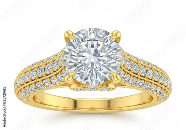 Fototapeta Luxurious engagement ring with round cut diamond in gold setting white on transparent background