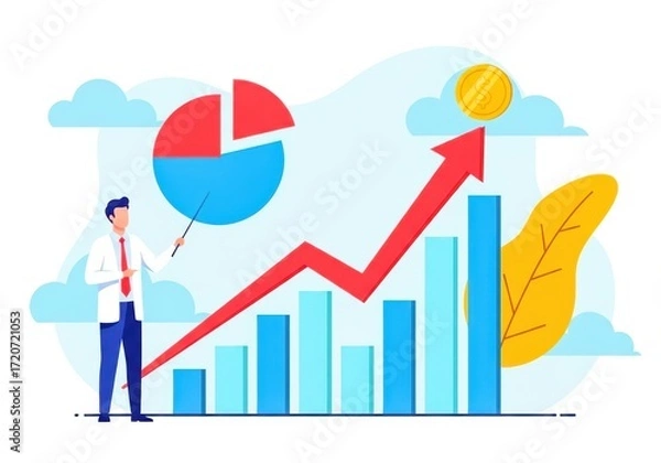 Fototapeta Flat illustration of a businessman in a points to a rising bar graph and pie chart, symbolizing financial growth and success