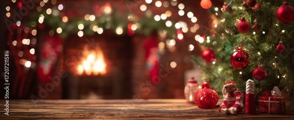 Fototapeta Christmas Fireplace Scene with Decorated Tree and Wooden Table.