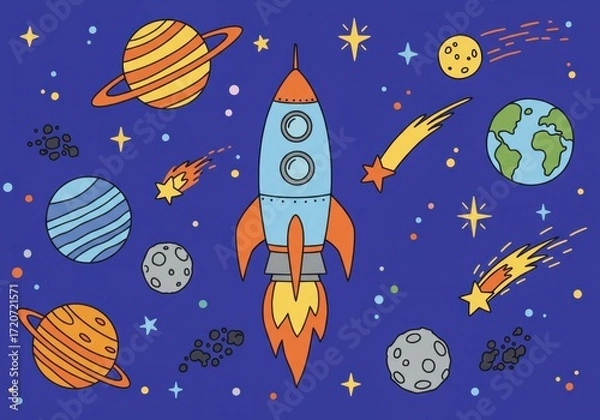 Fototapeta Whimsical hand-drawn outer space rocket adventure with planets stars playful illustration
