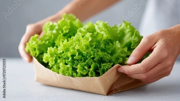 Fototapeta Fresh green lettuce being held in hands, wrapped in eco-friendly paper, showcasing vibrant colors and textures, emphasizing healthy eating and sustainable practices