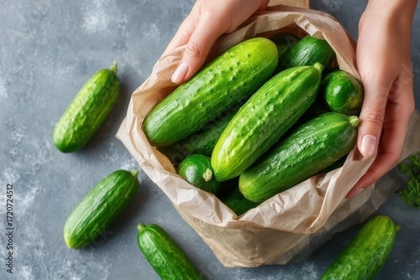 Fototapeta Fresh green cucumbers being held in hands from a paper bag, surrounded by additional cucumbers on a textured gray surface, showcasing vibrant produce and healthy eating