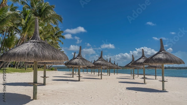 Fototapeta Rows of straw umbrellas on a sandy beach without people. Round shadows on white sand. Turquoise ocean. Palm trees on a background of blue sky, clouds. Mauritius. Resort. Hotel. Low season.