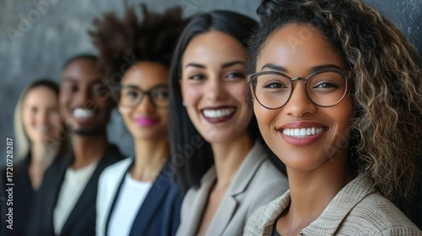 Fototapeta A diverse group of business professionals standing in a row, smiling and looking at the camera.