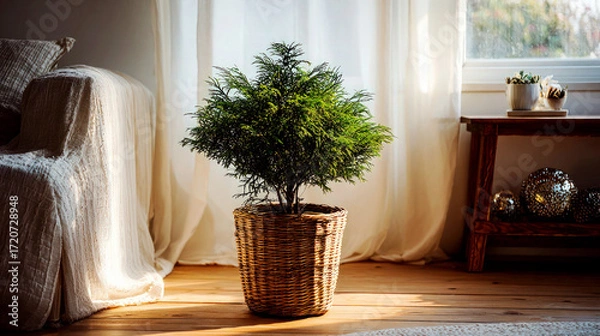 Fototapeta Sunlit indoor cypress in a wicker basket on wooden floor with soft curtains and textured sofa, window decor and mirror spheres behind, cozy hygge home atmosphere