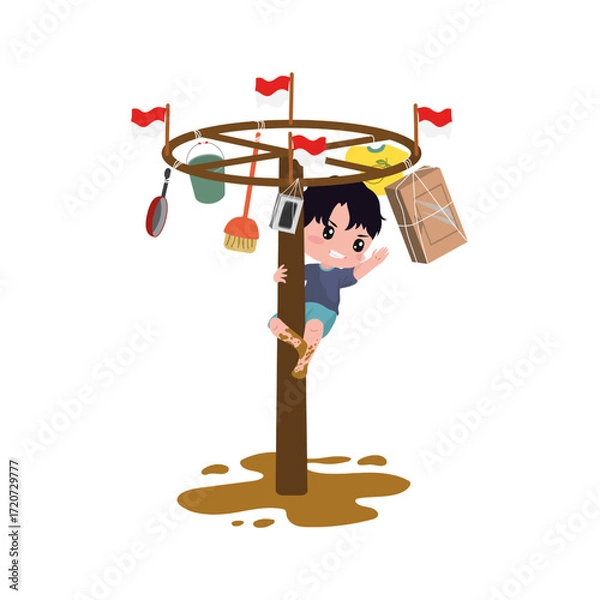 Fototapeta Boy Climbing Indonesian Independence Day Pole Illustration