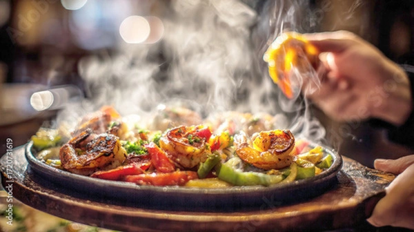 Fototapeta Hand picks a shrimp from a sizzling cast iron skillet with vegetables and steam on a blurred restaurant background. Cozy gourmet dining atmosphere