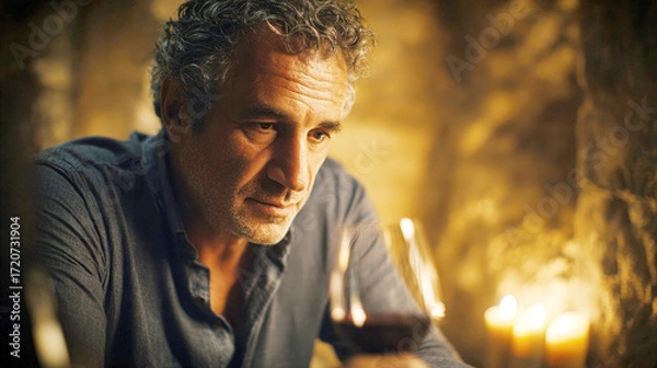 Fototapeta Pensive middle-aged man with gray hair contemplates a glass of red wine in a rustic cellar illuminated by candlelight. Intimate atmosphere of solitary reflection