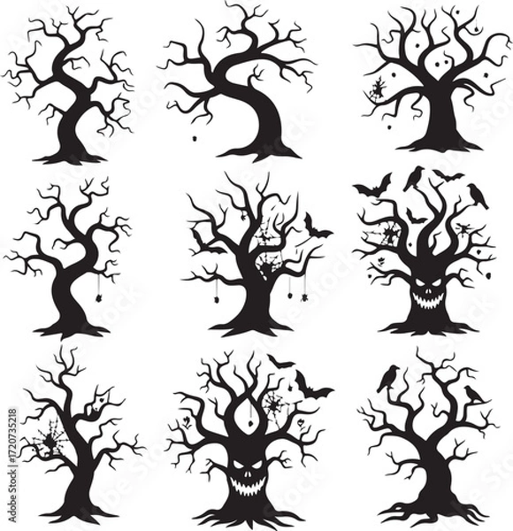 Fototapeta Spooky Tree Silhouettes: A chilling collection of haunting tree silhouettes, perfect for evoking the spirit of Halloween with their bare branches, spider webs, and sinister charm. 