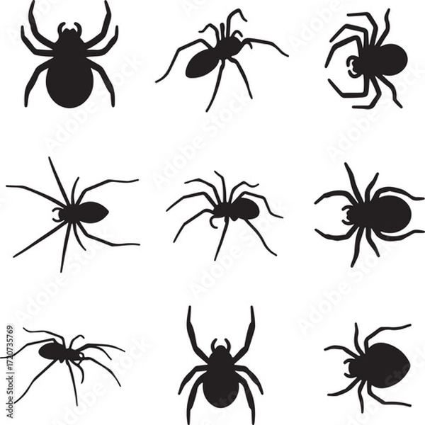 Fototapeta Shadowy Silhouette of Spiders: A collection of nine stark, silhouette renderings of spiders, each portraying a distinct stance, creates a spooky graphic resource for design concepts. 