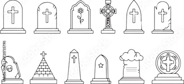 Fototapeta Eternal Memorials: A collection of diverse headstones, meticulously illustrated with various styles, shapes and decorations, each a unique symbol of remembrance and heritage.
