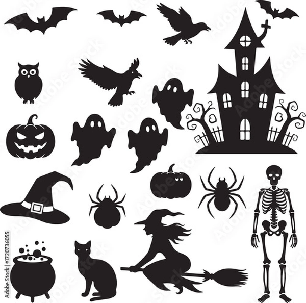 Fototapeta Haunted Halloween Silhouette: A chilling illustration featuring an assortment of Halloween icons silhouetted against a stark backdrop, creating an atmosphere of mystery and excitement.
