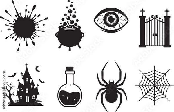 Fototapeta Halloween icons set: A spooky ensemble of hand-drawn Halloween-themed illustrations, featuring classic symbols of the holiday like haunted house, spiders and spider web in vector art.