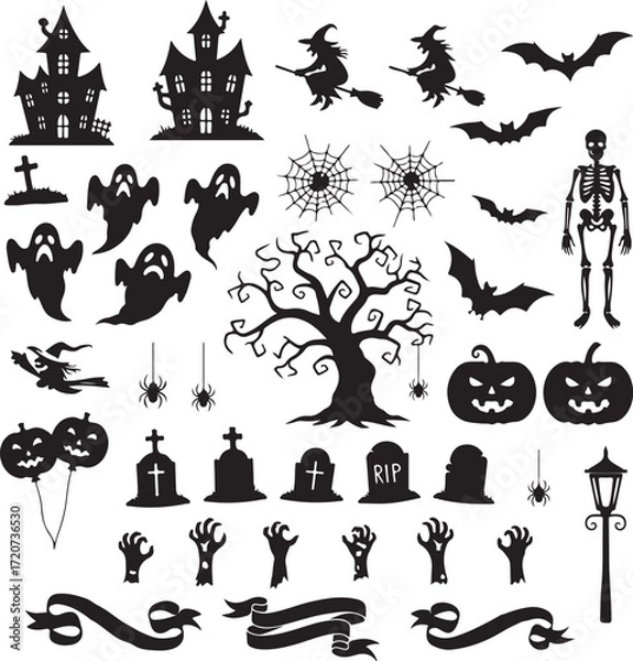 Fototapeta Silhouette Set of Halloween Icons: A spooky collection of illustrated icons features haunted houses, witch silhouettes, flying bats, grinning jack-o'-lanterns, menacing spiders, ghostly apparitions.
