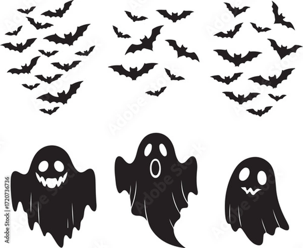Fototapeta Halloween Silhouette: A haunting Halloween scene unfolds with silhouetted bats and ghosts, evoking a spooky, mysterious atmosphere.