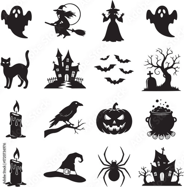 Fototapeta Spooky Halloween Silhouette Set: A collection of black and white Halloween silhouettes, creating a captivating display of traditional symbols associated with the holiday and the spooky season.