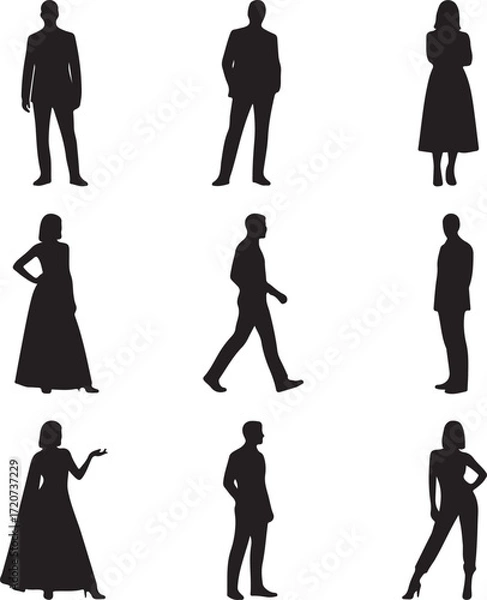 Fototapeta Silhouette of Nine Person: Dynamic array of diverse silhouettes in refined attire, showcasing various poses and expressions, ideal for graphic design and conceptual illustration.