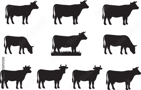 Fototapeta Cow Silhouette Collection: A monochrome collection of cow silhouettes showcasing various poses, offering a versatile resource for design and illustrative projects. 