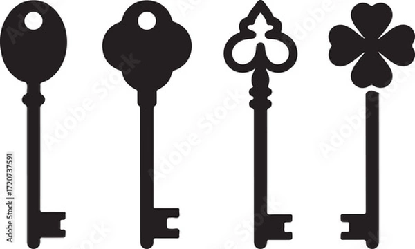 Fototapeta Keys Collection Silhouette: A collection of four antique keys, each with a unique intricate design, cast in stark silhouette, invites viewers to unlock the mysteries of creativity.