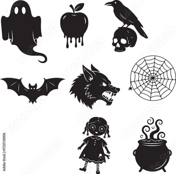 Fototapeta Spooky Halloween Collection: An eerie silhouette of ghostly apparitions, a witch's bubbling cauldron, a raven atop a skull, a werewolf, and an apple, creating a festive atmosphere.