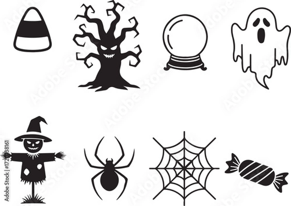 Fototapeta Spooky Halloween Icon Set: A collection of festive Halloween icons including a ghost, candy corn, spooky tree, and other iconic elements, designed with a striking vector style.