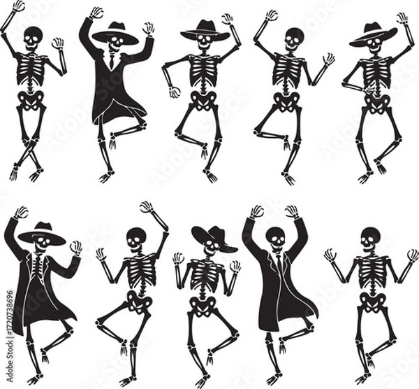 Fototapeta Dance of the Skeletons: a spooky black and white illustration of cartoon skeletons in various dancing poses, set against a dark background.