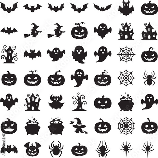 Fototapeta Halloween Silhouette Icons: A captivating collection of intricately designed Halloween icons, casting shadows and setting a spooky tone for the holiday season, a versatile pack for your projects!