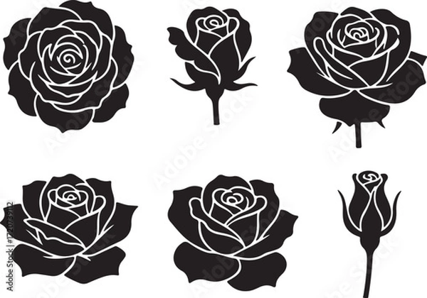 Fototapeta Floral Silhouette Collection: A collection of meticulously crafted rose silhouettes, presenting a variety of stages of blooming with an artistic simplicity, suitable for creative projects.