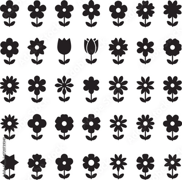 Fototapeta Floral Silhouette Collection: A meticulously arranged collection of delicate black flower silhouettes, perfect for minimalist design projects, embodying nature's simplicity and elegance.