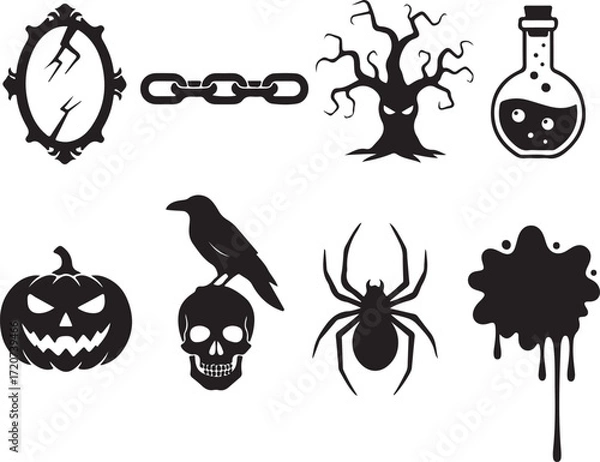 Fototapeta Spooky Silhouette: A collection of ominous elements and objects set against a dark background. evoke a sense of mystery and dread 