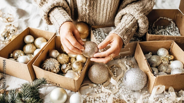 Fototapeta Cozy adult hands in chunky knit sweater sorting gold and silver glitter baubles from cardboard boxes on rustic table with ribbons, pearls and fir sprigs in foreground. warm festive preparation concept