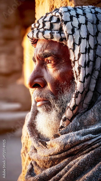 Fototapeta Elderly man in patterned keffiyeh gazes in profile, silver beard glowing in warm sunset by a rough stone wall, blurred ancient ruins behind, concept of wisdom and cultural heritage