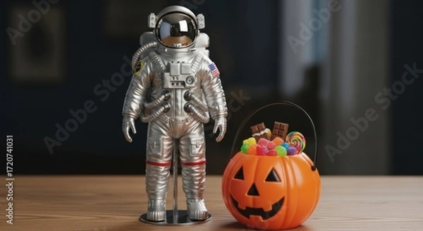 Fototapeta A toy astronaut stands next to a halloween pumpkin bucket filled with candy on a wooden surface