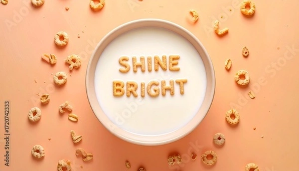Fototapeta Shine Bright Alphabet Cereal in Milk on Peach Background