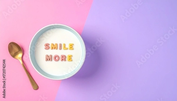 Fototapeta Smile More Alphabet Cereal in Milk on Gradient Pink to Purple Background