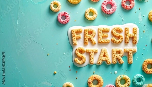 Fototapeta Fresh Start Alphabet Cereal in Milk on Teal Background