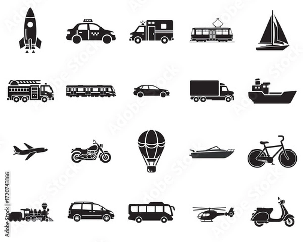 Fototapeta Black Filled Solid Silhouette Transport Icon Set with 20 Vehicle Designs for Modern Vector Illustration