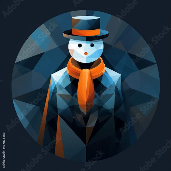 Obraz Dynamic geometric snowman illustration with vibrant orange and blue tones perfect for modern digital art and festive winter design