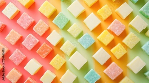 Obraz A Colorful Delight: Pastel Candy Cubes Arranged on a Vibrant Gradient Background